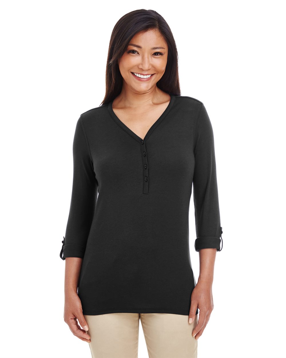 Devon & Jones DP186W-US Devon & Jones DP186W - Women's Perfect Fit™ Y-Placket Convertible Sleeve Knit Top pour impression personnalisée à Montréal