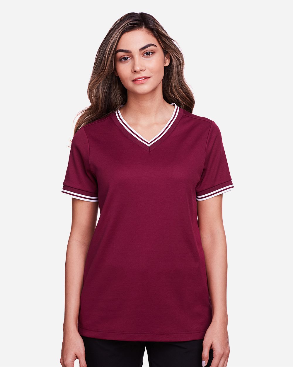 Devon & Jones DG20CW-US Devon & Jones DG20CW - Women's CrownLux Performance® Plaited Tipped V-Neck Shirt for custom printing in Montreal