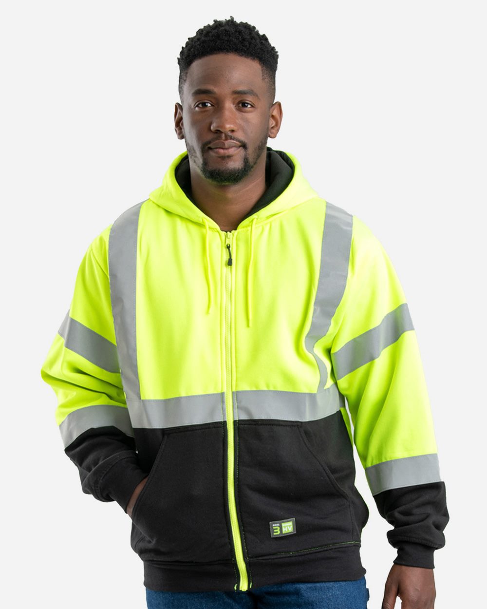 Berne Apparel HVF023-US Berne Apparel HVF023 - Men's Hi-Vis Class 3 Color Block Full-Zip Hooded Sweatshirt for custom printing in Montreal