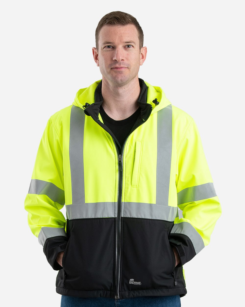 Berne Apparel HVJS206-US Berne Apparel HVJS206 - Men's Hi-Vis Class 3 Hooded Soft Shell Jacket pour impression personnalisée à Montréal
