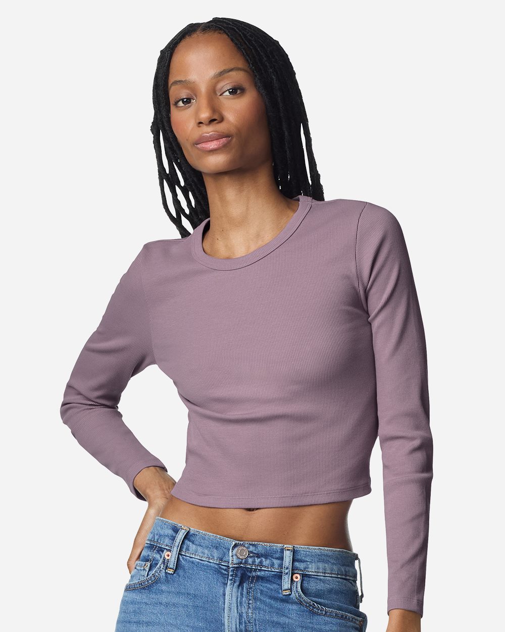 American Apparel BR2107-US American Apparel BR2107 - Women's Baby Rib Long Sleeve Cropped Tee for custom printing in Montreal