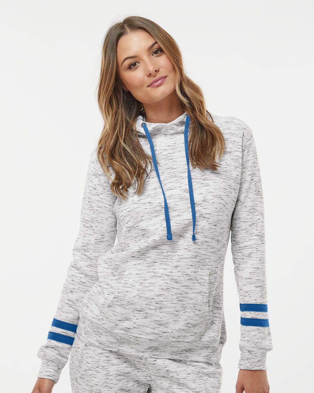 J. America 8674-US J. America 8674 - Women’s Mélange Fleece Striped-Sleeve Hooded Sweatshirt for custom printing in Montreal